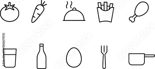 Food and kitchen icons set. Ingredients, meal, cooking tools, outline vector symbols