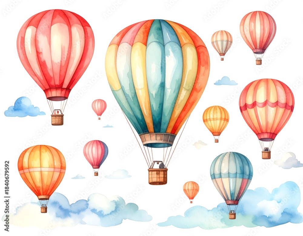 Fototapeta premium Watercolor hot air balloons in various colors, with clouds