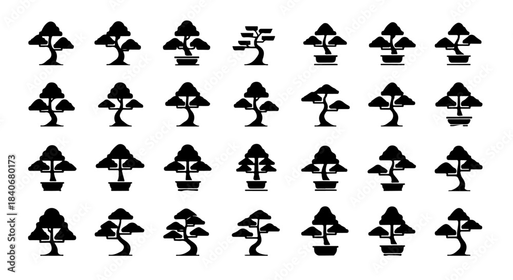 Naklejka premium Black Bonsai Tree Silhouettes - Vector Illustration of Japanese Bonsai Styles