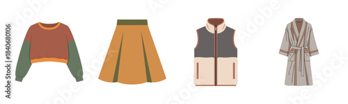 Autumn fashion collection: sweater, skirt, vest, and robe designs