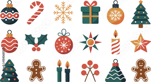 Christmas Icon Set with Ornaments Gifts Snowflakes Trees Candy Cane Gingerbread Candles Holly and Holiday Elements