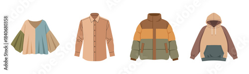 Collection of stylish apparel: blouse, shirt, jacket, and hoodie