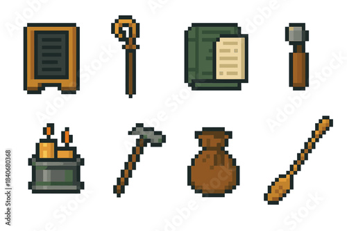 Civic Role Icons. Traditional Civic Roles set of icons in flat pixel vector style: magistrate tablet, storyteller staff, steward ledger, mason’s chisel, candle maker mold, farmer