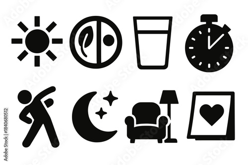 Everyday Harmony Icons. Everyday Harmony Set silhouette set: morning sun, balanced meal plate, hydration glass, focus timer, light exercise icon, restful moon, cozy reading nook,