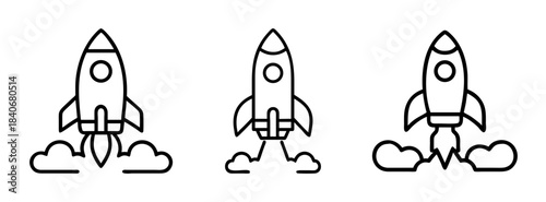 Three black line art rocket ships launching into the sky with clouds