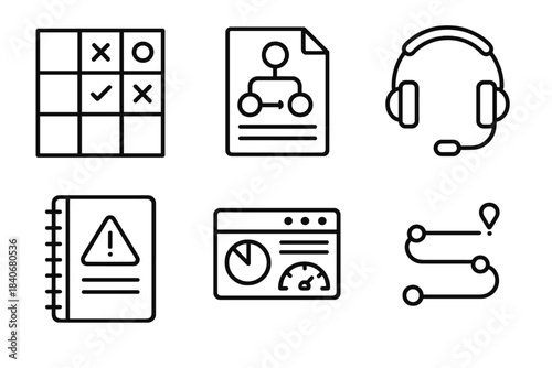 Crisis Management Icons. Organizational Crisis Planning linear set: risk matrix, decision protocol sheet, incident log, coordination headset, status dashboard, recovery roadmap.