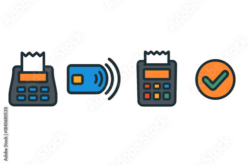 Modern Payment Icons. Point-of-Sale Components flat set: cash-drawer panel, contactless-pay strip, transaction-confirm coil.