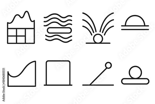 Shock Impact Icons. Shock-impact dynamics linear set: disruption crest tile, ripple bar, impact node, stress arc, resilience band, recovery path, stability plate, outcome bead.