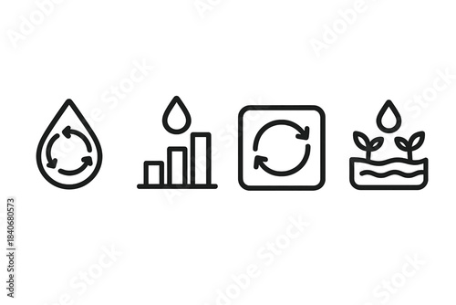 Hydration Cycles Icons. Regenerative Hydration Models linear set: nutrient-cycle droplet, adaptive-irrigation bar, recharge-loop tile.
