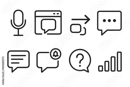Communication Icons Set. Live conversation tools set linear set: mic symbol, chat window, instant response arrow, typing dots, conversation log, notification ping, help icon,