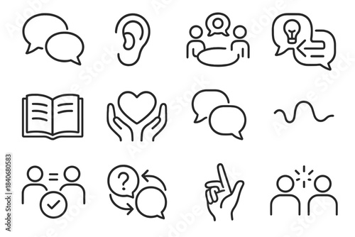 Communication Icons. Communication Moments linear set: speech bubbles, active listening ear, conversation circle, idea exchange arrows, open notebook, empathy heart, dialogue flow