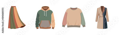 Trendy autumn apparel collection: skirt, hoodie, sweater, coat