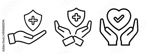 A set of three icons depicting hands holding a shield with a cross, two hands holding a shield with a cross, and two hands holding a heart with a checkmark