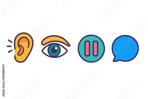Active Listening Icons. Active listener set isometric flat set: listening ear, attentive gaze, mindful pause marker, dialogue bubble. 1 rows of 4 icons.