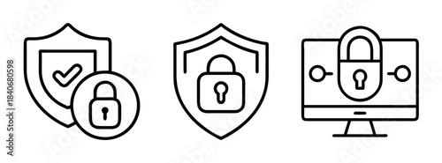 Set of security icons including shield with checkmark and padlock on