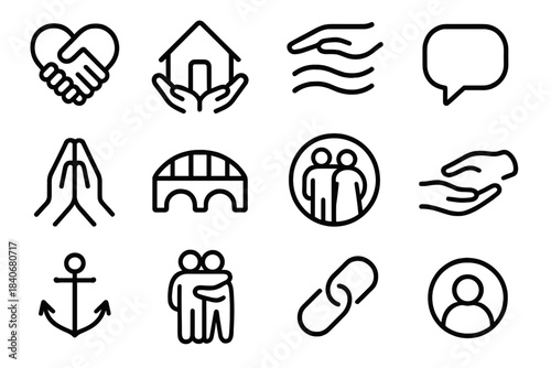 Nurturing Connection Icons. Nurturing Connection linear set: heart-linked hands, safe space icon, gentle reassurance waves, open conversation bubble, mutual respect symbol,