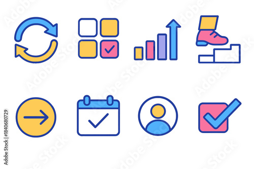 Icons of Consistent Progress. Consistent Effort flat set: repeating loop, routine grid, habit mark, incremental bar, steady arrow, small step icon, persistence circle, daily check.