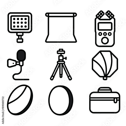 Portable Studio Equipment. Portable Studio Gear linear set: compact LED panel, foldable backdrop, travel tripod, portable mic recorder, collapsible softbox, clip-on lav mic,