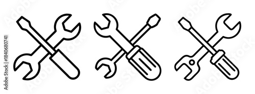 A set of three line icons featuring crossed screwdrivers and wrenches in a simple black outline style