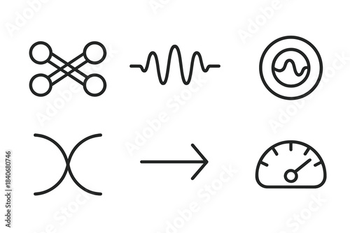 Quantum Signal Icons. Quantum Signal Interactions linear set: entangled signal pair, quantum pulse wave, coherence ring icon, interference arc, state-transfer arrow, fidelity gauge