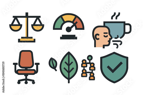 Wellness Suite Icons. Workplace Well-Being Suite pixel style set: balance scale, stress meter, mindful breath icon, break cup, ergonomic chair, wellness leaf, support network grid,