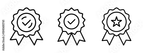 Three black and white line art rosette award ribbons with checkmark, checkmark, and star