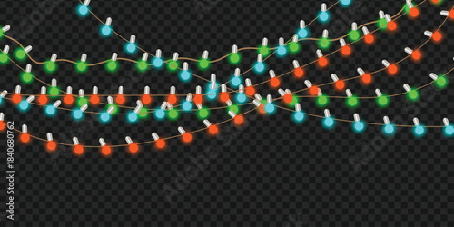 Glowing festive string lights, colorful decoration, transparent background.
