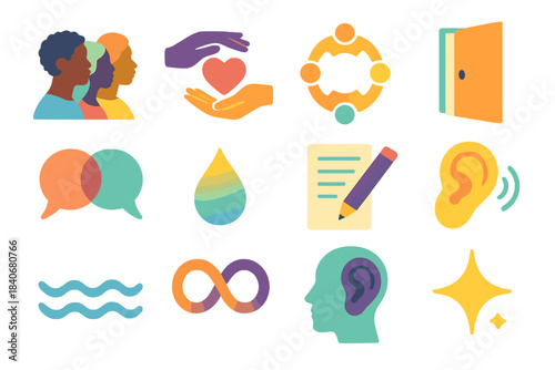 Community Connection Icons. Inclusive Community Dialogue flat set: diverse silhouettes, empathy hands, trust circle, soft glow, open door, connection arc, reflective droplet,