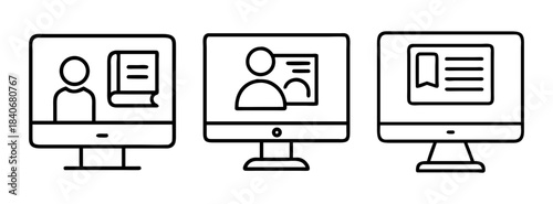 Three computer monitors displaying various icons on