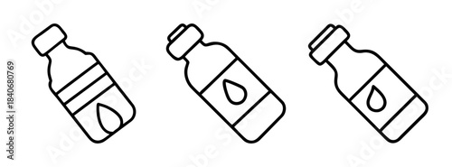 Three black line drawings of plastic bottles with different designs on a