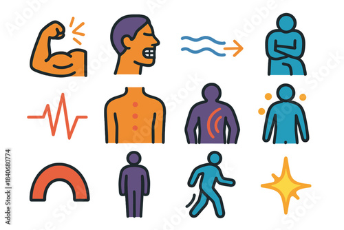Physical Stress Icons. Physical Stress Icons flat set: tense muscle line, clenched jaw icon, shallow breath wave, tight posture figure, elevated pulse curve, stress impact dots,