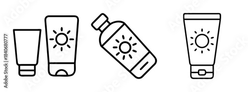 Black and white line drawing of various sunscreen products