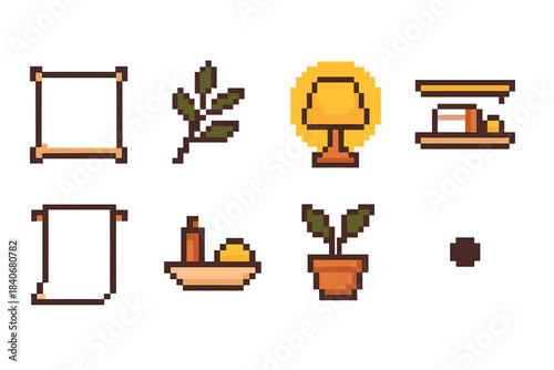 Cozy Room Icons. Harmonious Room Organization pixel style set: cozy pillow, natural decor branch, soft lamp halo, uncluttered shelf, airy drape, calm object tray, plant pot, space