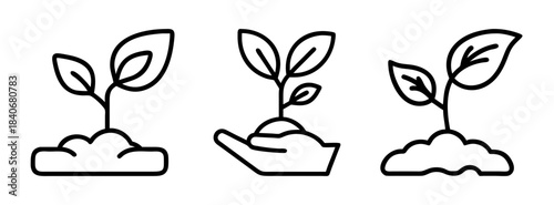 A set of three simple line art illustrations of seedlings growing in soil with one being held in a hand