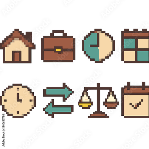 Work-Life Balance Icons. Work–Life Balance pixel style set: home icon, briefcase symbol, divided clock, routine grid, time block, dual arrows, balanced scale, daily rhythm marker.