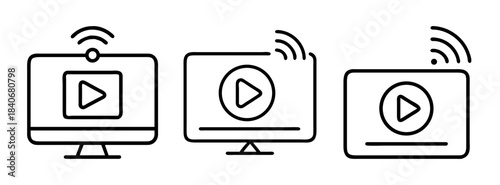 Three computer monitors displaying video play icons in a line on