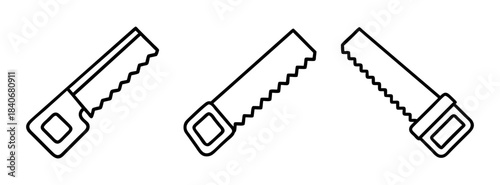 Three black and white line drawings of handsaws in different positions