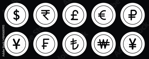 Collection of most popular currency symbol. Currency signs: dollar, yen, ruble, rupee, yuan, pound, franc and euro. Simple design of the most popular currency. Banknotes. Money and currency exchange. 