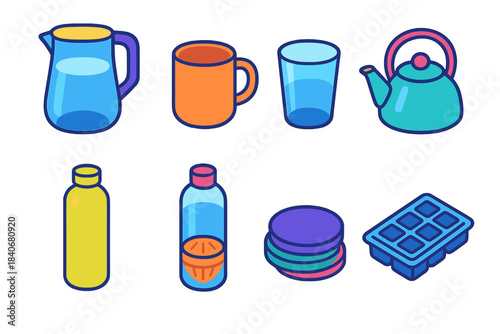 Drink Essentials Icons. Home Drink Essentials isometric flat set: water jug, ceramic mug, glass tumbler, tea kettle, reusable bottle, citrus infuser, drink coasters, ice cube tray.