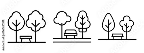 A set of three minimalist line art park scenes with trees and benches