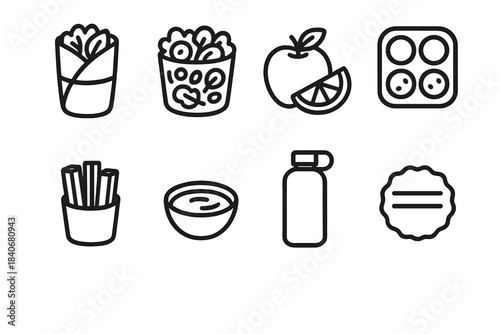 Grab-and-Go Icons. Wholesome Grab-and-Go linear set: wrap bundle, salad cup, fruit side, protein bite pack, veggie sticks, mini dip bowl, hydration bottle, ready-to-eat label. .