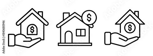 Vector illustration of hands holding house with dollar sign and a house with coin