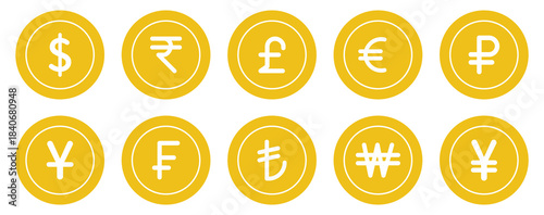 Currency symbols icons set. Dollar, Euro, Pound, Rupee, Franc, Ruble, Yen, Won, black and white vector illustration. Symbol icon for app, ui, website and logo. payment symbol. dollar coin. dollar icon