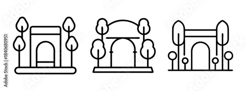 Three black line drawings of arched gateways with trees on either side on