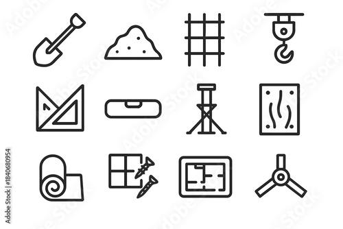Construction Process Icons. Building Process Icons linear set: excavation shovel, dirt pile, foundation rebar, beam hoist hook, construction ruler, leveling gauge, braced frame