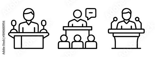 A set of three line icons depicting people speaking at podiums in a discussion or debate setting with a speech bubble
