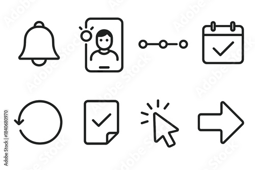 Digital Task Icons. Digital Routine Boost linear set: reminder bell, focused screen, progress dot, scheduled tab, habit loop, clean task tile, mindful cursor, guided arrow.