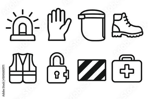 Safety Equipment Icons. Personal Safety Measures linear set: alert beacon, protective glove, face shield, sturdy footwear, safety vest, secure latch, caution stripe, first-aid kit.