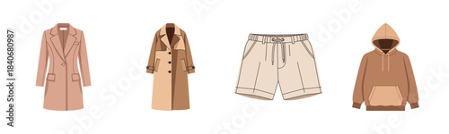 Assorted fashion styles: coat, trench, shorts, and hoodie illustrations
