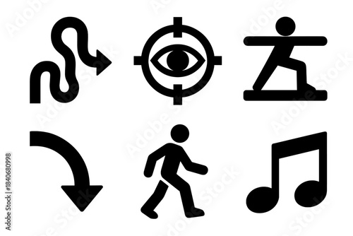 Functional Mind–Body Icons. Functional Mind–Body Practice silhouette set: mobility path, focused gaze marker, strength–balance bar, slow-flow arrow, intentional step, calm rhythm